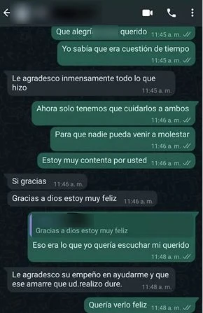 Captura de WhatsApp de una clienta agradeciendo