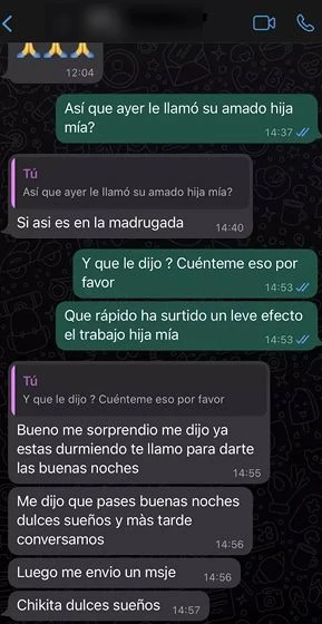Captura de WhatsApp de una clienta contando que su pareja la llamó en la madrugada
