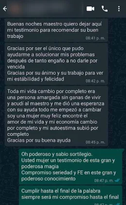 Captura de WhatsApp de una clienta que deja su testimonio y cuenta que encontró el amor de su vida